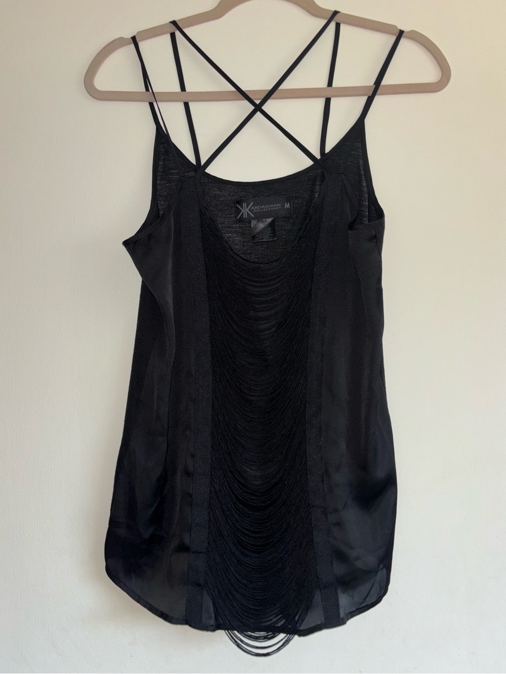 Kardashian Kollection Black Strappy Camisole with Draped Fringe